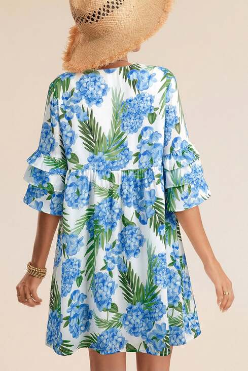 Sky Blue Floral Print Mini Dress for Women with Contrast  Sky Blue Palm Floral Print Contrast Ribbon Knot Ruffle Tiered Sleeve Mini Dress